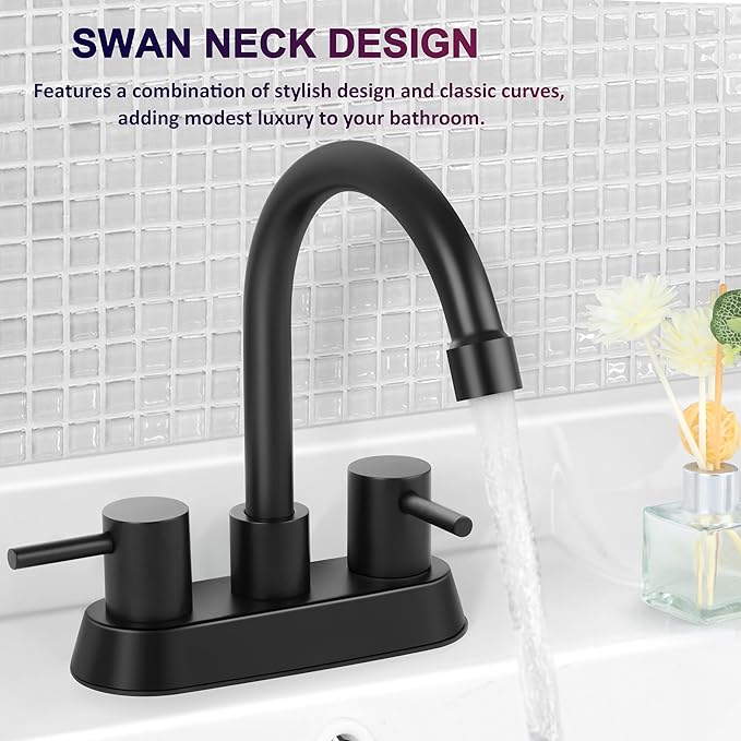 Matte Black Bathroom Faucet for 3 Hole, Herogo 4 Inch 2-Handle Bathroom Sink Faucet with Pop-Up Drain and Supply Hoses, 18/10 Stainless Steel Faucets for RV Vanity