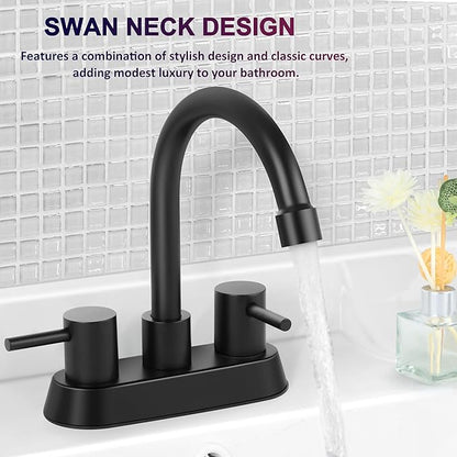 Matte Black Bathroom Faucet for 3 Hole, Herogo 4 Inch 2-Handle Bathroom Sink Faucet with Pop-Up Drain and Supply Hoses, 18/10 Stainless Steel Faucets for RV Vanity