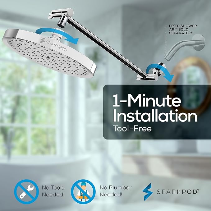 SparkPod 8" Round Rain Shower Head with 16" Shower Arm | Shower Head & Extension Arm Combo, Height Adjustable, High Pressure Performance, Easy 1-Minute Installation, Polished Chrome