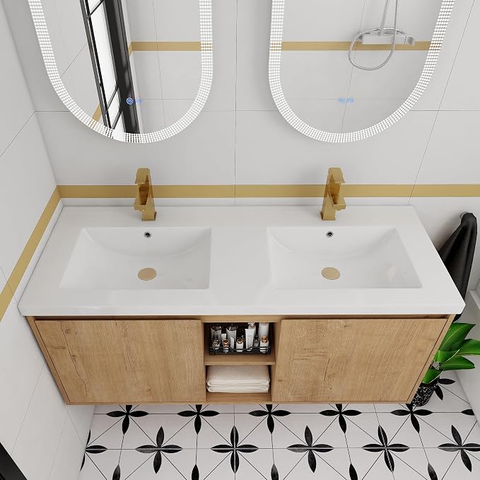 48 Inch Wall Mounted Bathroom Vanity with Double Sink | 48" Modern Floating Cabinet with Center Open Shelf & Soft-Close Doors, 2 Resin Basins, Imitative Oak