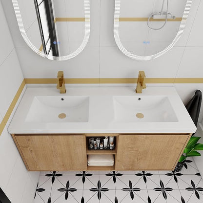 48 Inch Wall Mounted Bathroom Vanity with Double Sink | 48" Modern Floating Cabinet with Center Open Shelf & Soft-Close Doors, 2 Resin Basins, Imitative Oak