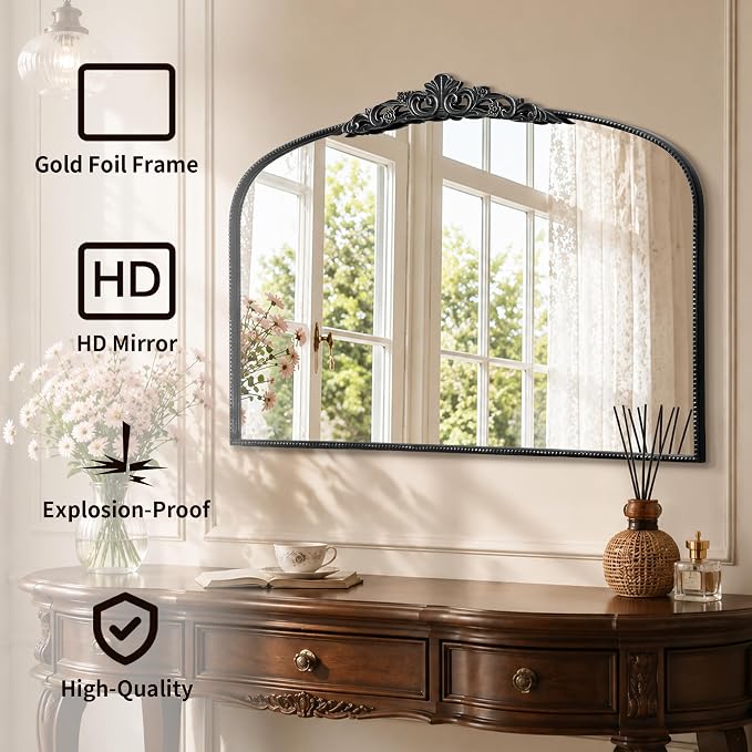 Micasso Oversized Black Arched Mirror: 55"x36" Baroque Vintage Wall Mirror | French Antique Traditional Ornate Decorative for Entryway/Bedroom/Bathroom/Hallway/Fireplace - Home Decor for Living Room