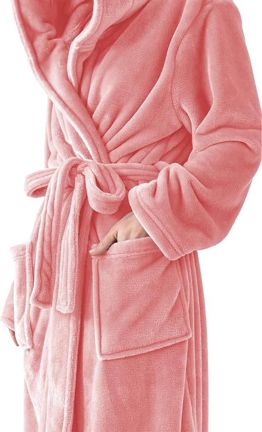 Robes for Women - Hooded Plush Fleece Bathrobe with Sash & Pockets, Full-Length Lightweight Spa Robe