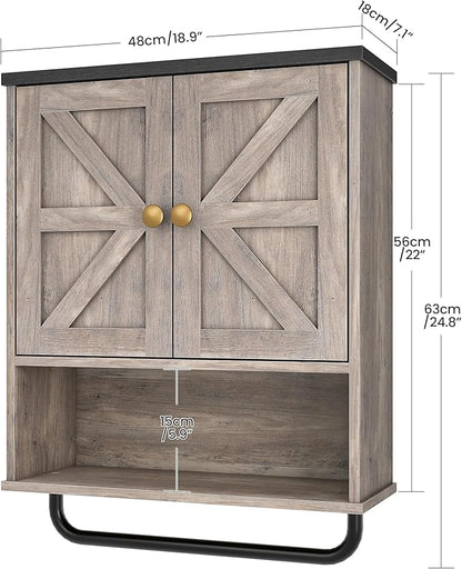 Bathroom Wall Cabinet, Medicine Cabinet with Open Partition and Towel Bar, Rustic Storage Cabinet with Open and Hidden Storage Space, for Bathroom, Living Room, Greige and Charcoal Black