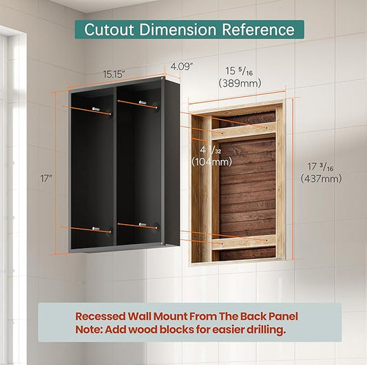 Black Medicine Cabinet with Mirror 16x20 Inch, Small Bathroom Wall Cabinet with Storage, Modern Matte Finish, 6 Adjustable Glass Shelves, Silent Soft Close, Rust Proof Aluminum Organizer