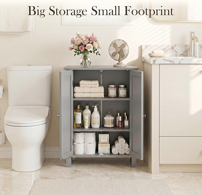 ZENY Bathroom Floor Storage Cabinet with Double Door + Adjustable Shelf, Wooden Organizer Cabinet for Living Room, Bathroom, Bedroom, Modern Home Furniture (Gray)