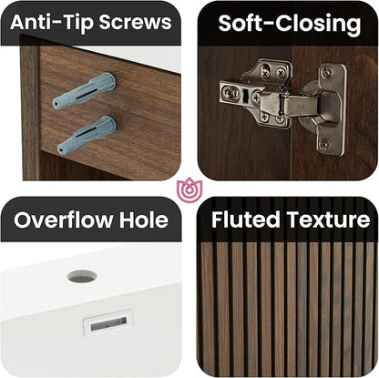 48" Bathroom Vanity with Sink Combo, Mid Century Modern Bathroom Cabinet with Doors & Open Shelf, Glossy White Integrated Sink with Overflow, Brown Walnut