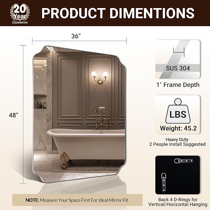 36x48 Inch Chrome Mirror, Large Polished Nickel Rectangle Mirror, Scalloped Bathroom Mirror in Anti-Rust Stainless Steel Frame Deep 1’’, Rounded Notched Corner, Vertically/Horizontally