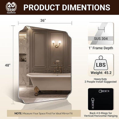 36x48 Inch Chrome Mirror, Large Polished Nickel Rectangle Mirror, Scalloped Bathroom Mirror in Anti-Rust Stainless Steel Frame Deep 1’’, Rounded Notched Corner, Vertically/Horizontally