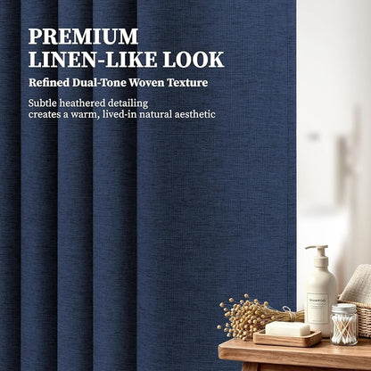 72x90 Linen Textured Waterproof Fabric Shower Curtain Set, Navy Blue | Long Size, 230GSM Polyester, Heavy Duty Cloth, Weighted Hem, 12 Plastic Hooks, Modern Luxury Hotel Style, Machine Washable