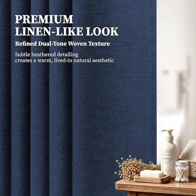 108x72 Linen Textured Waterproof Cloth Shower Curtain Set, Navy Blue | Extra Wide Size, 230GSM Polyester, Heavy Duty Fabric, Weighted Hem, 18 Plastic Hooks, Modern Hotel Style, Machine Washable
