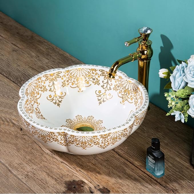 Moroccan Style White Gold Flower Shape Bathroom Vessel Sinks Art Ceramic Above Counter Sink Bowl for Vanity Top,Size Dia.16.4"