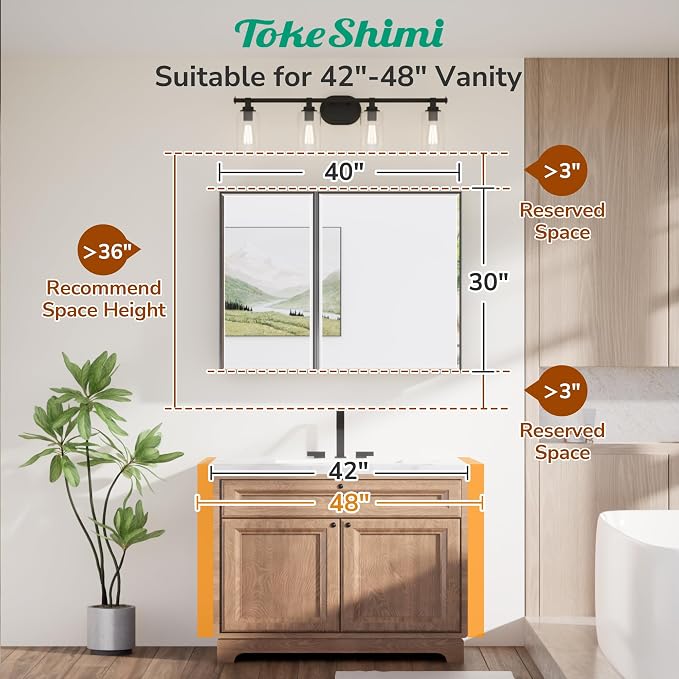 TokeShimi 40x30 Beveled Mirror with Storage Bathroom, Black Recessed Medicine Cabinet with Mirror Aluminum, Wall Mount Metal Recessed Medicine Cabinets for Bathroom