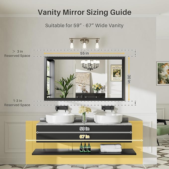 55.1x30.1 Inch Black Bathroom Mirror for Wall, Thick Metal Framed Rectangle Mirrors for Over Sink, Bedroom, Living Room, Entryway, Anti-Rust, HD Tempered Glass