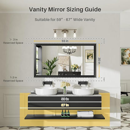 55.1x30.1 Inch Black Bathroom Mirror for Wall, Thick Metal Framed Rectangle Mirrors for Over Sink, Bedroom, Living Room, Entryway, Anti-Rust, HD Tempered Glass