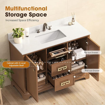 48 Inch Bathroom Vanity with Sink, Light Walnut | Fully Assembled Bathroom Cabinet, Marble Countertop & Backsplash, Soft Closing 2 Doors & 3 Drawers, Adjustable Shelves