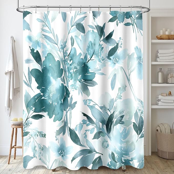 Floor to Ceiling Extra Long Flower Shower Curtain 72x96 Inch, Teal Blue | X-Long Tall 8 Ft Watercolor Floral Modern Abstract Bathroom Fabric Shower Curtain Set with Hooks