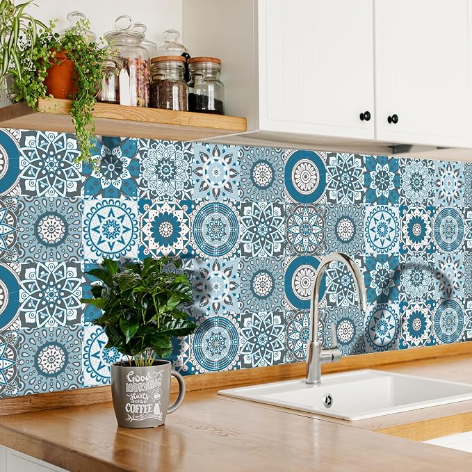 Peel Stick Vinyl Moroccan wall Tile Decals 6x6in Stick on backsplash,24Pc | Waterproof&heat resistant tile stickers for kitchen RV laundry backsplash decor,remove no damaging,cyan mandala pattern