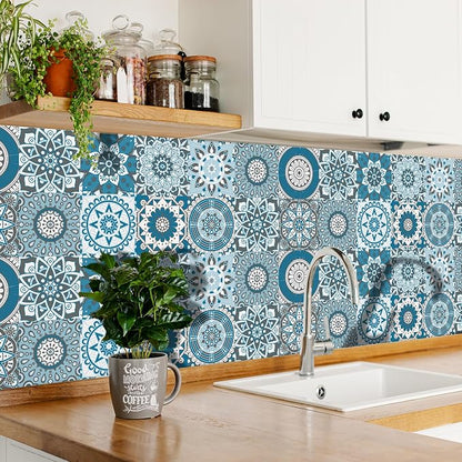 Peel Stick Vinyl Moroccan wall Tile Decals 6x6in Stick on backsplash,24Pc | Waterproof&heat resistant tile stickers for kitchen RV laundry backsplash decor,remove no damaging,cyan mandala pattern