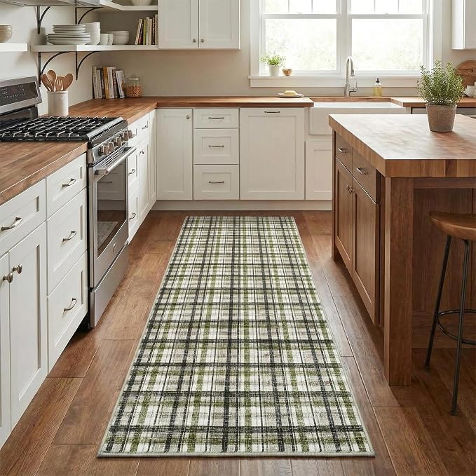 2x8 Runner Rug Bathroom Rugs Non Slip Machine Washable Hallway Rug Modern Soft Non-Shedding Kitchen Runners for Bathroom Bedroom Entryway Nursery, Green&Taupe