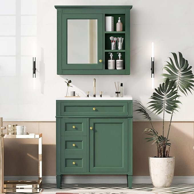Merax 30 Inch Bathroom Vanity with Sink Set, Modern Bathroom Vanity Storage Cabinet with Matching Mirror Medicine Cabinet, Solid Wood Frame，Painted Finish, 2 Drawers and 1 Tip-Out Drawer, Green