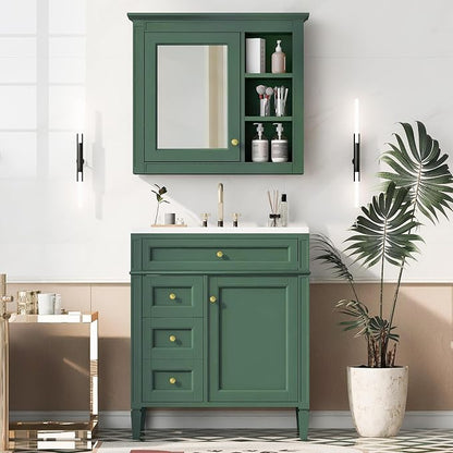 Merax 30 Inch Bathroom Vanity with Sink Set, Modern Bathroom Vanity Storage Cabinet with Matching Mirror Medicine Cabinet, Solid Wood Frame，Painted Finish, 2 Drawers and 1 Tip-Out Drawer, Green
