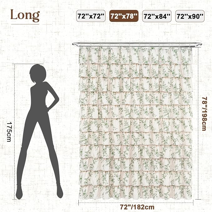 Yinhua Long Farmhouse Ruffle Shower Curtains with Green Floral, 72" Wx78 L | French Country Vintage Rustic Washable Waterproof Shower Curtain for Bathroom Bathtub, 12 Metal Hooks