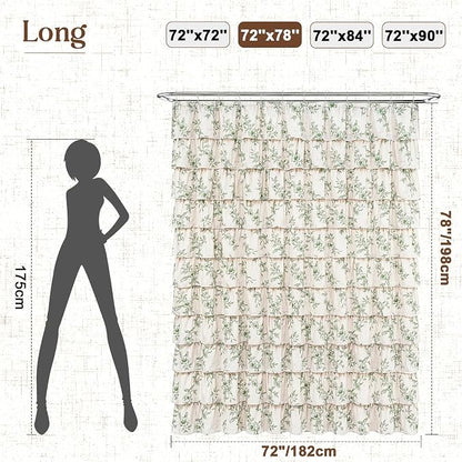 Yinhua Long Farmhouse Ruffle Shower Curtains with Green Floral, 72" Wx78 L | French Country Vintage Rustic Washable Waterproof Shower Curtain for Bathroom Bathtub, 12 Metal Hooks