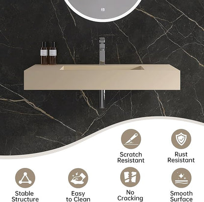 35" x 19" Bathroom Sink with Single Faucet Hole, Stone Resin Wall Mount Sink, Rectangle Solid Surface Vessel Sinks for Bathroom, Floating or Countertop Vessel Sinks, Latte Color