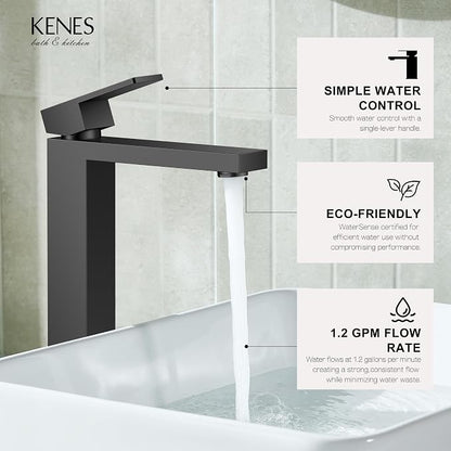 Matte Black Vessel Sink Facuet Single Hole, Tall Bathroom Sink Faucet | Vessel Bowl Faucet with Pop Up Drain & Supply Lines, Lead-Free cUPC & NSF Certified, 1 Hole Faucet for Vanity RV Restroom