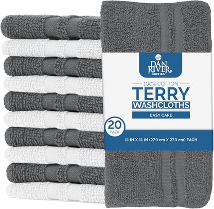 DAN RIVER 100% Cotton Washcloths 20 Pack Premium Quality Face and Body Cloth, Quick Dry Essential Towels for Bathroom, Hand, Kitchen & Cleaning, Baby Rugs | 11X11 in | 400 GSM | Grey + White