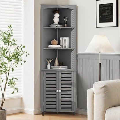 VECELO Bathroom Corner Cabinet, Triangle Open Shelving Shelf, Tall Freestanding Storage Hutch for Kitchen, Living Dining Room with Adjustable Storage Shelves and Doors, Grey