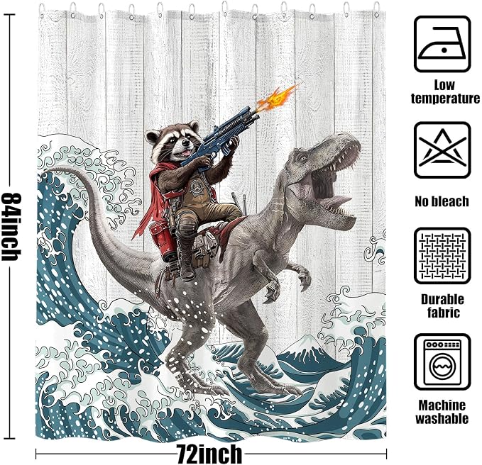 Funny Raccoon Dinosaur Shower Curtain 84 Inch Extra Long Fun Cool Animal Japanese Ocean Wave Shower Curtains for Bathroom Kids Unique Waterproof Fabric Rustic Wooden Farmhouse Bath Curtain Decor