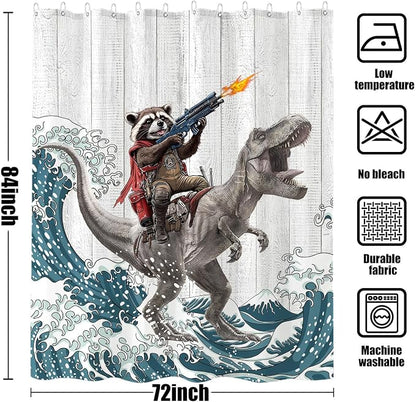 Funny Raccoon Dinosaur Shower Curtain 84 Inch Extra Long Fun Cool Animal Japanese Ocean Wave Shower Curtains for Bathroom Kids Unique Waterproof Fabric Rustic Wooden Farmhouse Bath Curtain Decor