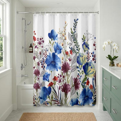 Americanflat 71x74 Floral Shower Curtain - Water-Resistant Long Shower Curtain with Metal Grommets and 12 Hooks - 100% Polyester - Botanical Bathroom Curtains - Blue, Purple, Crimson, Green and White