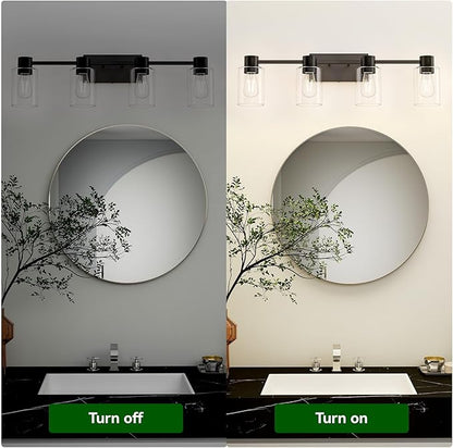 4-Light Modern Vanity Light Fixtures Over Mirror, Matte Black Bathroom Light Fixtures, Vanity Lights, Wall Sconce with Clear Glass Shade for Bathroom, E26 Base