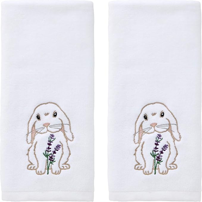 SKL Home Bunny Lop Hand Towel Set-2pc, 100% Cotton, Embroidered, White | Decorative velour for Easter or everyday cheer. Great for the bathroom, kitchen, or bar & makes a fun gift.