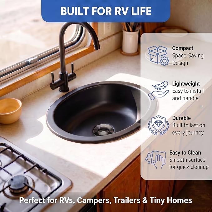 LQS Small RV Sink, Black Oval RV Bathroom Sink, 13.39 x 10.63 Inch | Drop-In Black Bathroom Sink for RVs, Stainless Steel Oval Small Sink with 5.12-Inch Depth and Drain Assembly Included