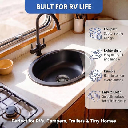 LQS Small RV Sink, Black Oval RV Bathroom Sink, 13.39 x 10.63 Inch | Drop-In Black Bathroom Sink for RVs, Stainless Steel Oval Small Sink with 5.12-Inch Depth and Drain Assembly Included