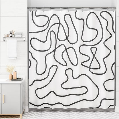 AmazerBath Shower Curtain, Washable Cloth Black and White Shower Curtain Sets with 12 Metal Shower Curtain Hooks, Rustic Abstract Black Lines Art Fabric Shower Curtains for Bathroom Decor, 72x72 Inch
