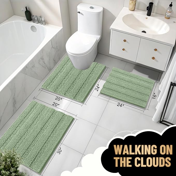 OLANLY Thick Bathroom Rugs 34x21, Chenille Striped Bath Rugs, Sage Green | Rubber Backing, Machine Wash, Extra Soft Absorbent Bath Mats for Bathroom Floor, Tub and Shower, Home Decor Accessories