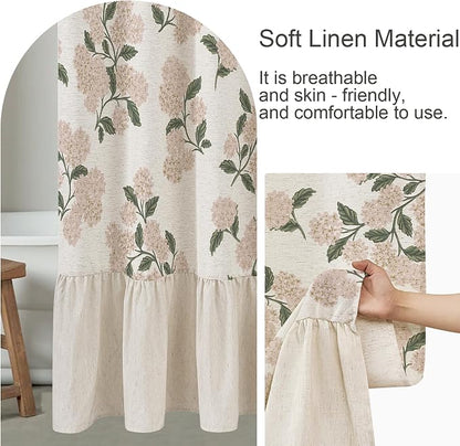 ORTIGIA Linen Textured Ruffle Shower Curtain with Metal Hooks, Vintage Light Pink Hydrangea Floral Boho Waterproof Bath Curtain for Rustic Farmhouse Bathroom Decor 72x72 Inch