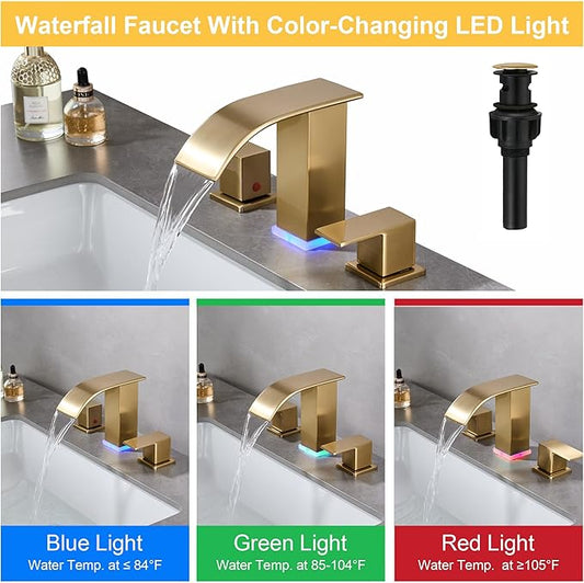 Bathroom faucets 3 Hole Widespread Modern Gold Faucet Sink Faucet 8 inch 3 Hole Vanity Bathroom with Pop Up Drain (Brushed Gold)
