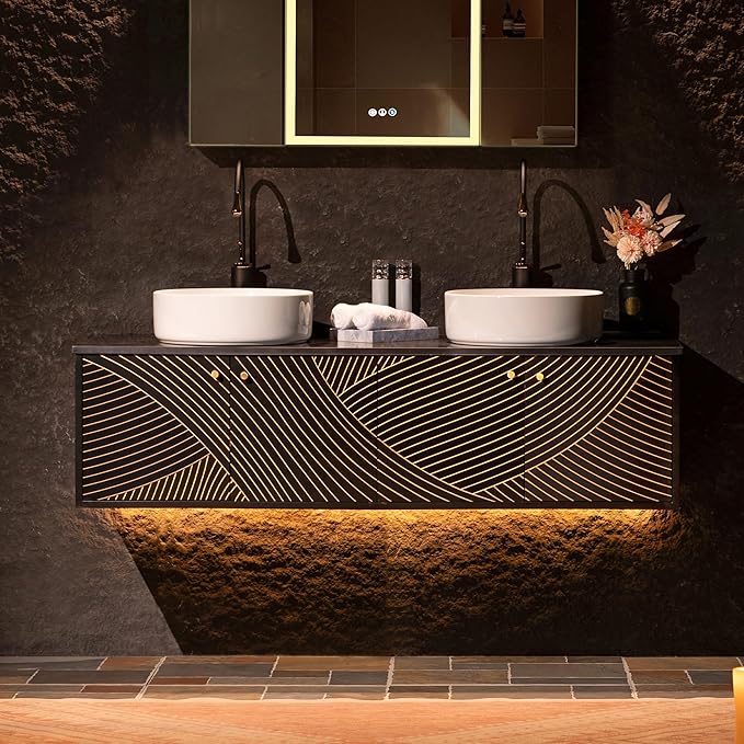 Woodbridge 60"X22" Wall Mounted Vanity with Double Ceramic Round Vessel Sinks,Black Engineered Stone Vanity Top,Floating Design with Hand-Painted Black & Gold Accents,Space-Saving for Modern Living
