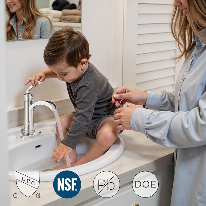 FORIOUS Brushed Nickle Bathroom Faucet Single Handle One Hole Antique Waterfall Bathroom Faucet with Metal Pop Up Drain and Deck Plate for Lavatory Vanity Farmhouse RV
