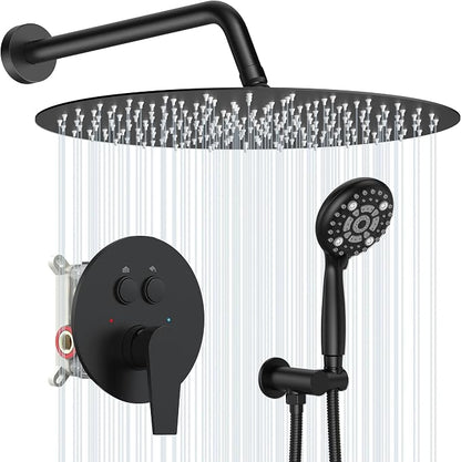 SR SUN RISE 10" Matte Black Rain Shower Faucet Set with Valve & Handheld | Dual-function High Pressure Shower System, 6-Setting Handheld, Pressure-balanced Valve Anti-Scald, Push-button Diverter