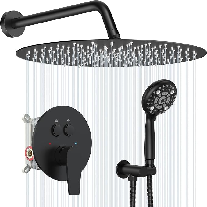 SR SUN RISE 10" Matte Black Rain Shower Faucet Set with Valve & Handheld | Dual-function High Pressure Shower System, 6-Setting Handheld, Pressure-balanced Valve Anti-Scald, Push-button Diverter