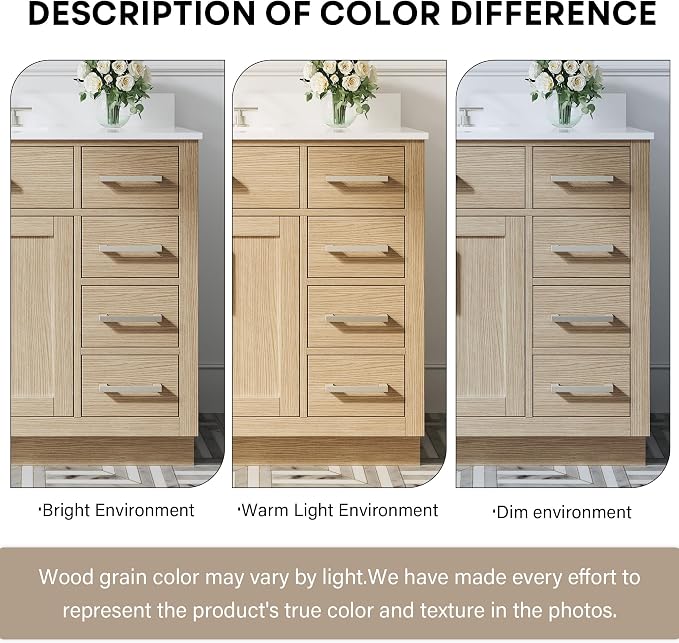 36-Inch Bathroom Vanity with Sink W/ 2 Doors & 4 Drawers & 1 Flip Drawer, Oak Vanity W/Brushed Nickel Handles