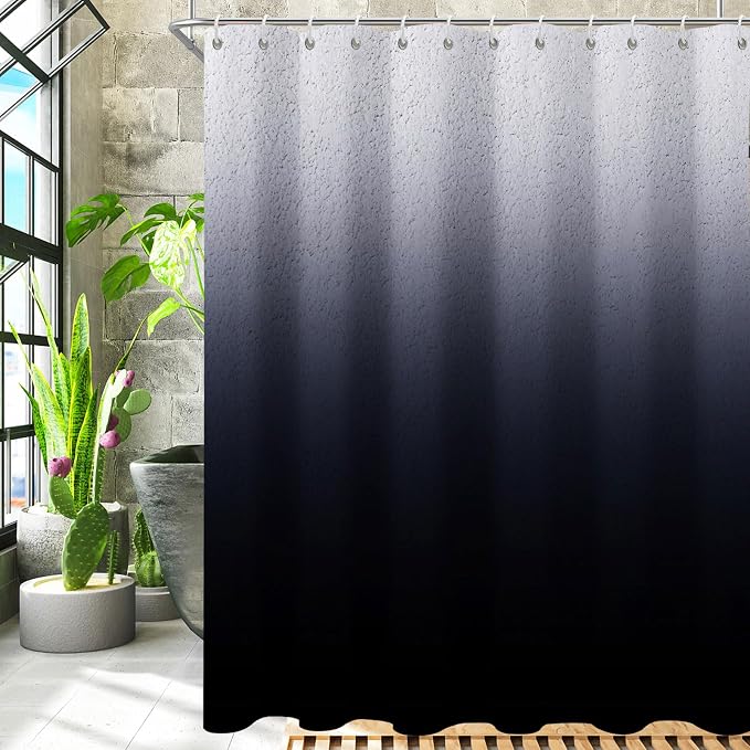 Black Ombre Diatomaceous Earth Shower Curtain Set, 72x72 Inch, Rustic Farmhouse Style for Bathroom