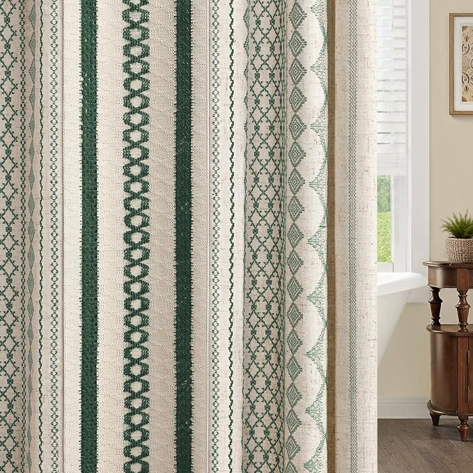 Dark Green Boho Shower Curtain for Bathroom, Linen Striped Print and Twine-Inspired Woven Center,72" W x 72" L